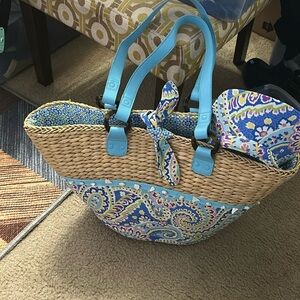 Vera Bradley Straw Beach Bag Capri Blue Pattern with Bonus Sun Visor Hat